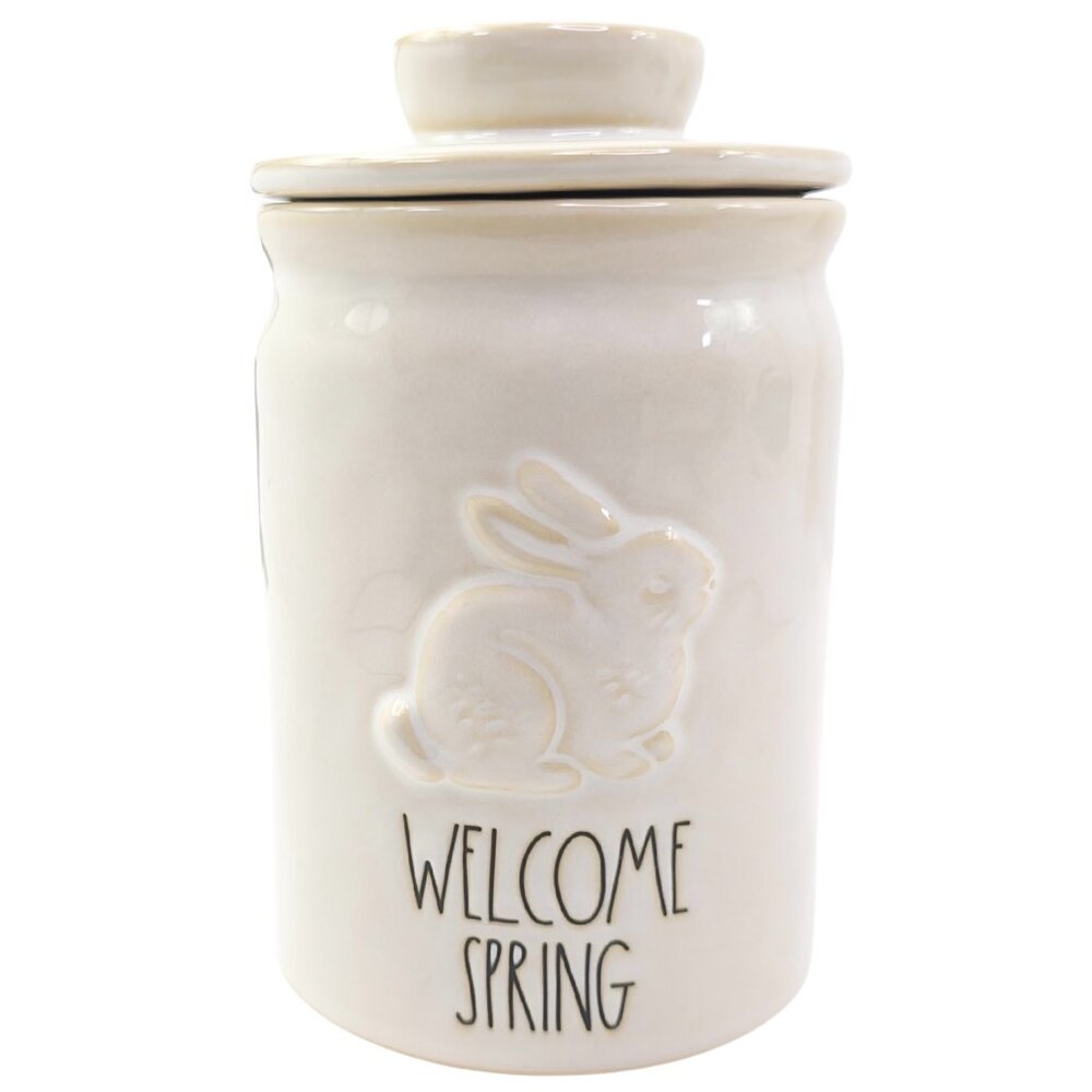 Rae Dunn "Welcome Spring" Embossed Bunny Ceramic Canister